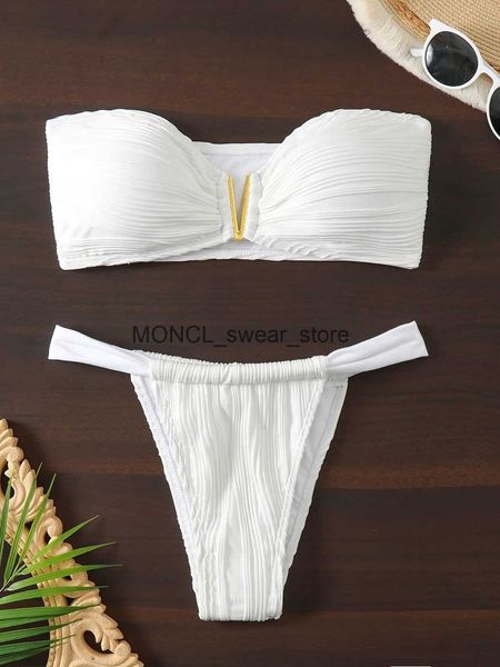 Mulheres Swimwear Sexy Bandeau Bikini Set Mulheres Novo Metal V Neck Push Up Thong Swimsuit 2024 Praia Sólida Branco Banheira Terno Micro BiquiniH24222