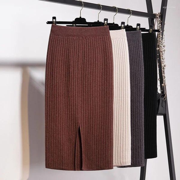 Юбки 2024, эластичная облегающая стильная юбка с высоким разрезом, повседневная женская трикотажная прямая юбка с разрезом на талии, длинная однотонная юбка-карандаш F74