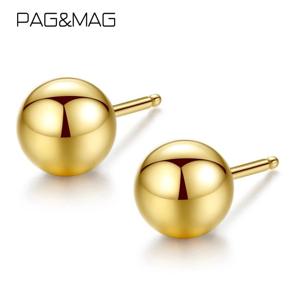 Ohrringe PAGMAG Echte 18K Gold Solide Perlen Kugel Ohrstecker Für Frauen Minimalismus Silber Gold Ohrringe Statement Schmuck Pendientes