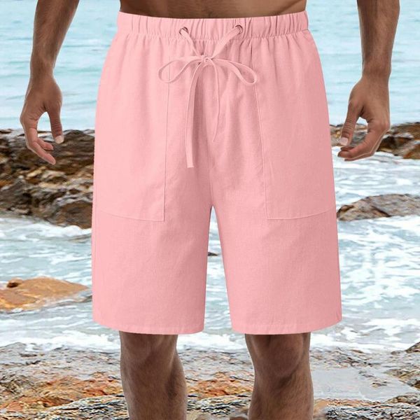 Herren-Shorts, lässig, Baumwolle und Leinen, für Herren, trendig, einfarbig, Kordelzug, elastische Taille, mit Doppeltasche, Freizeit, Strandmode