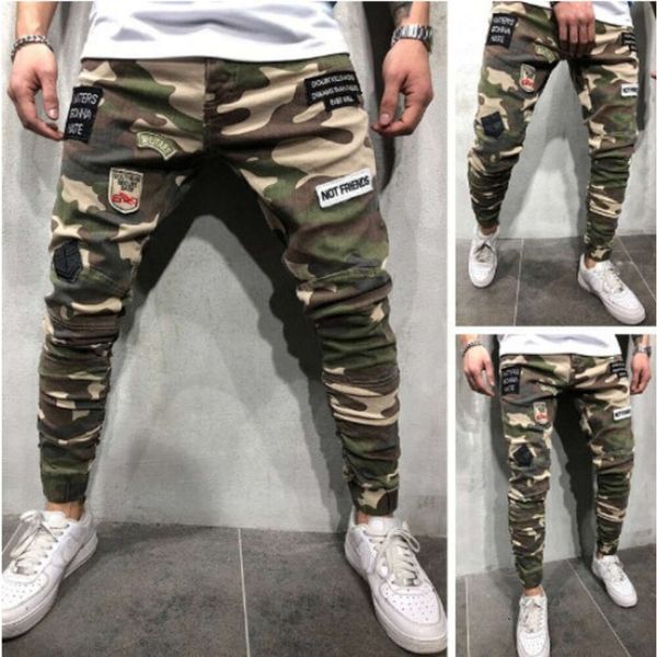 Nuovi jeans da uomo senza chiusura per il festival di primavera, stemma, vestibilità slim, vestibilità attillata, polsini elastici, leggings mimetici