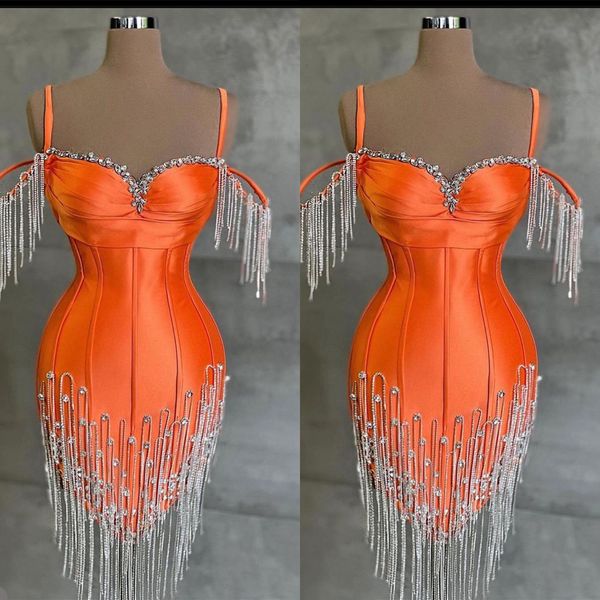 Moda mini vestidos de baile para as mulheres querida cinta espaguete sem mangas vestido cristal borla vestido curto para festa à noite feito sob encomenda