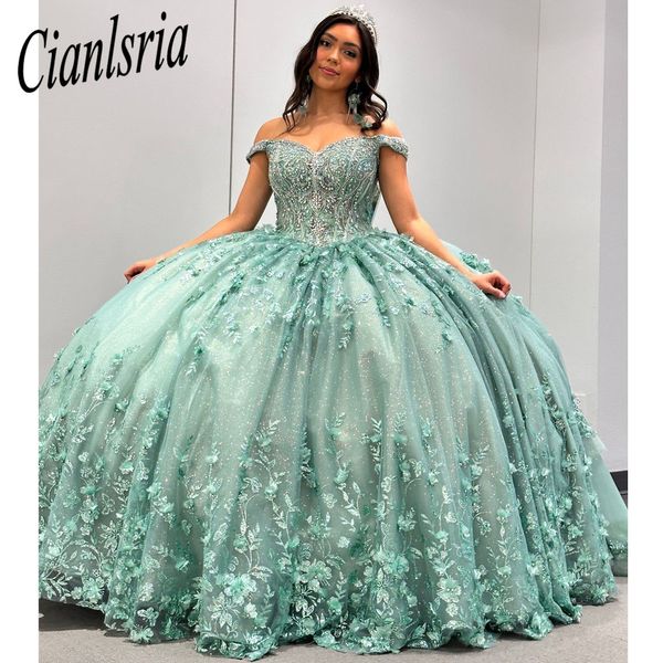 Abito Quinceanera verde menta con spalle scoperte Abito da ballo Fiori 3D Appliques Corsetto in pizzo Dolce 15 Abiti XV Anos