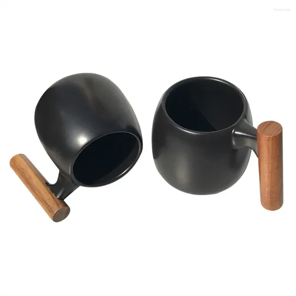 Xícaras de chá de cerâmica, canecas de café pretas com porta-copos de madeira, acessórios duráveis de suporte de bambu, 1 peça/2 peças/4 peças