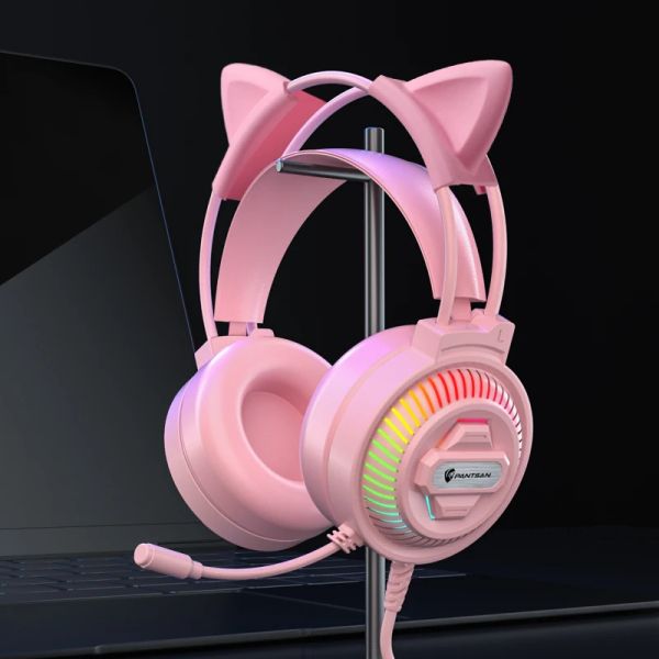 Cuffie/cuffie da gioco con microfono Orecchie di gatto Rosa Bianco 3.5 Cuffie stereo da gioco cablate USB con luce LED per laptop/Ps4/Xbox One