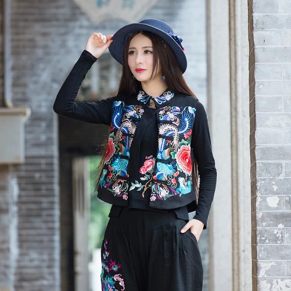 Jaquetas bordadas chinesas tradicionais roupas superiores femininas sem mangas colete tang terno elegante colete traje 2021 outono casaco colete