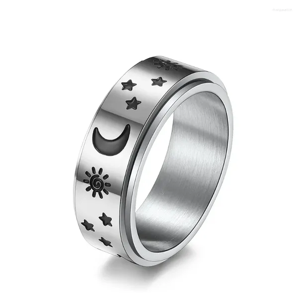 Anéis de cluster 8mm de aço inoxidável Sun Moon Star Spinner Ring para homens mulheres tamanho 5-12