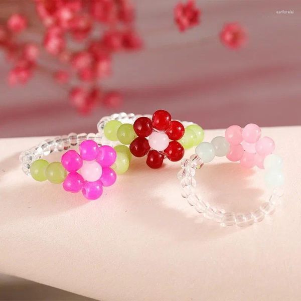 Cluster Ringe Koreanische Süßigkeiten Farbe Acryl Blume Perlen Böhmen Handgemachte Harz Perlen Ring Für Frauen Mädchen Party Schmuck Geschenk