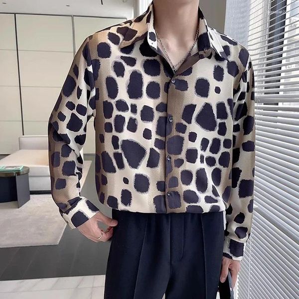 Camisas casuais masculinas luxo manga comprida leopardo impressão homens primavera único breasted solto masculino camisa floral festa club wear plus size