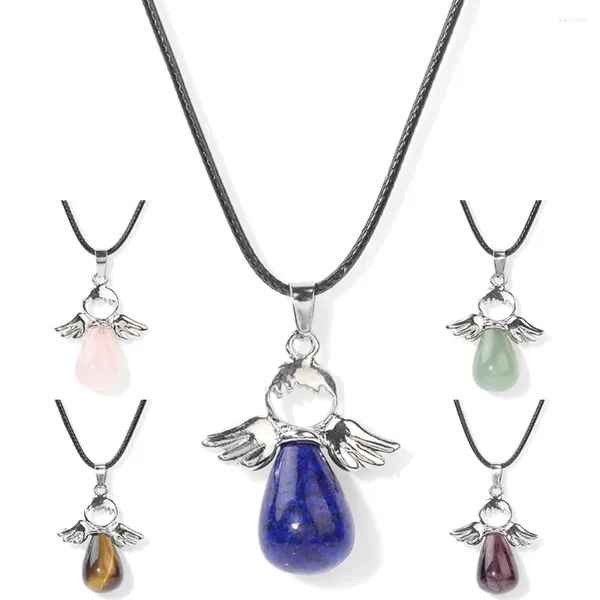 Correntes sorte anjo pingente colar para mulheres cristal natural lapis lazuli pedra charme cadeia gargantilha orar jóias feminino