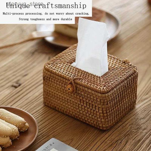 Scatole per fazzoletti Tovaglioli Scatola per fazzoletti in rattan Decorazione domestica Desktop fatto a mano per Barthroom Hotel e porta fazzoletti per ufficio Q240222