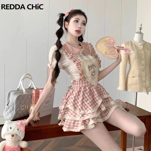 Abiti da lavoro ReddaChic Lolita Camicia Minigonna Salopette Donna Set 2 pezzi Kawaii Babydoll Pizzo Maniche a sbuffo Camicetta Top scozzese Volant