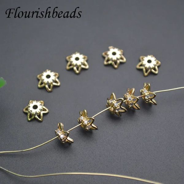 Perlen, 50 Stück/Lot, 7 mm, Messing, vergoldet, Blumenform, gepflasterte CZ-Perlen, hochwertige Perlenkappen-Abstandsperlen für DIY-Schmuckherstellungszubehör