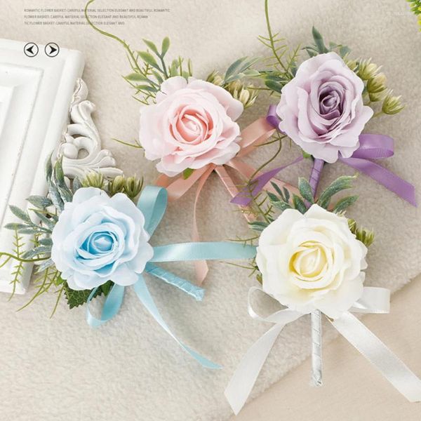 Flores decorativas 2 peças conjunto de flores de pulso casamento noivo padrinhos artificial boutonniere premium corsage