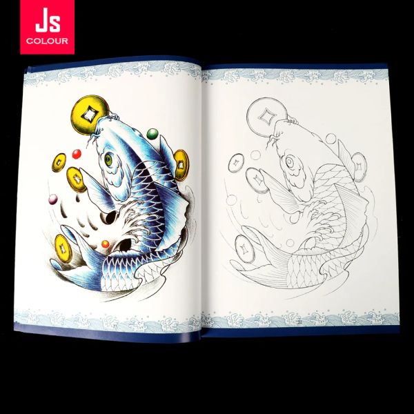 Waffen-Tattoo-Buch-Manuskript, vollständige Abdeckung der Muster von Koi-Fischen, traditionelles Design, passend für Körperkunst, 72-seitiges Tattoo-Zubehör