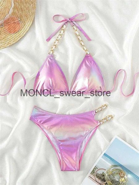 Женские купальники Push Up Bikini Micro Bikinis Set 2023 Розовый градиентный купальник с металлическим ремешком Женский сексуальный купальный костюм с вырезами Высокая талияH24222