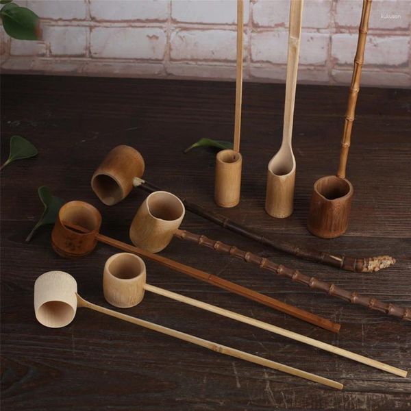 Colheres de chá alça longa colher de madeira estilo vintage bambu natural distribuir colher água teaware cozinha ferramenta