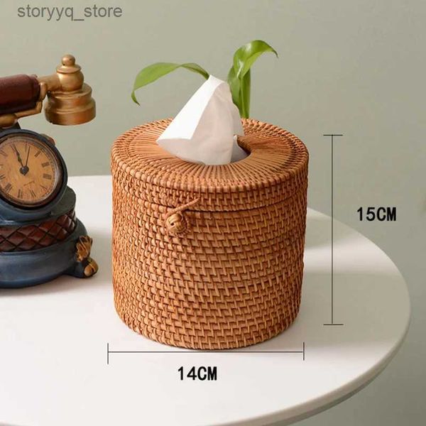 Caixas de tecido Guardanapos Redondo Rattan Caixa de tecido Videira Rolo Titular Papel Higiênico Capa Dispenser para Barthroom Home Hotel e Office Q240222