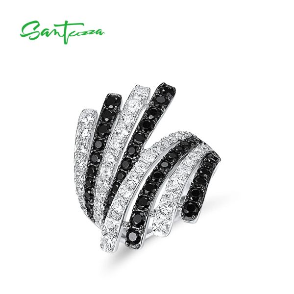 Schmuck Santuzza Sier-Ringe für Damen, reiner Sterlingsilber-Ring mit funkelndem schwarzen Spinell und weißen CZ-Federn, glamouröser feiner Schmuck