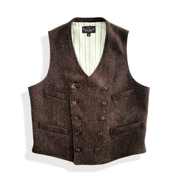 Gilet in lana tweed da uomo doppiopetto slim fit rosso marrone classico abito vintage da uomo elegante