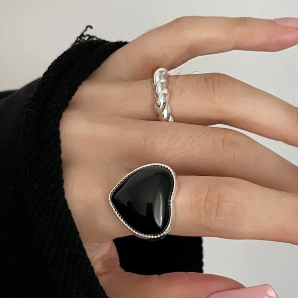 Anelli a grappolo S925 Anello di apertura in argento per le donne Grande cuore nero Moda colpi di scena geometrici Regali vintage fatti a mano irregolari per l'anno della festa