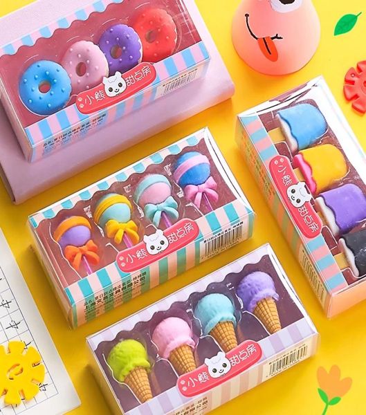 4 pezzi di gomme da cancellare Yummy Dessert Set Mini lecca-lecca gelato ciambelle in gomma gomma da matita per bambini scuola studente Award6779764