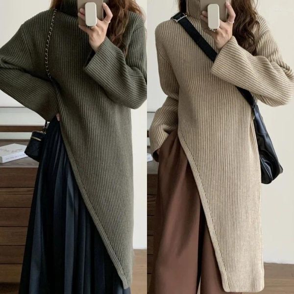 Casual Kleider Lange Pullover Kleid Jumper Frauen Maxi Split Herbst Winter Rollkragen Frühling Koreanische Streetwear Y2k Tops Lose