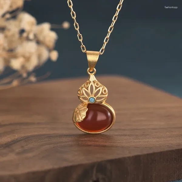 Kolye Kolyeleri Etnik Tarz Tasarım Pirinç Yaldızlı Calabash Calabash Kirayak Kırmızı Agate Chalcedony Kolye Aksesuarları