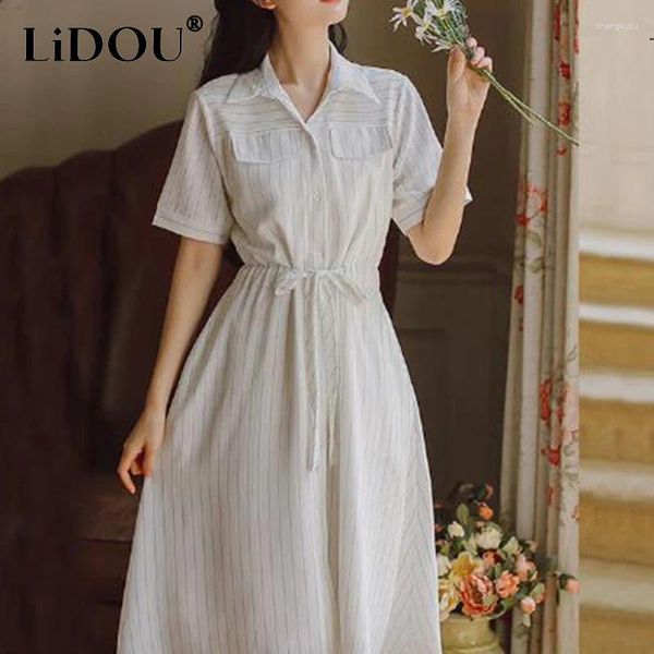 Vestidos de festa verão 2024 estilo coreano listrado impressão elegante moda cinto vestido feminino manga curta simples botões robe a linha vestidos