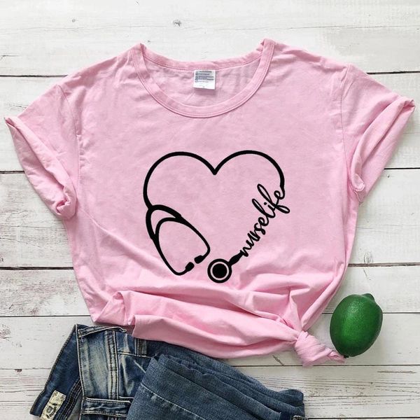 T-shirt da donna Vita T-shirt in cotone Divertente stetoscopio anni '90 Regalo infermieristico Maglietta Casual RN Graphic Tee Shirt Top Streetwea