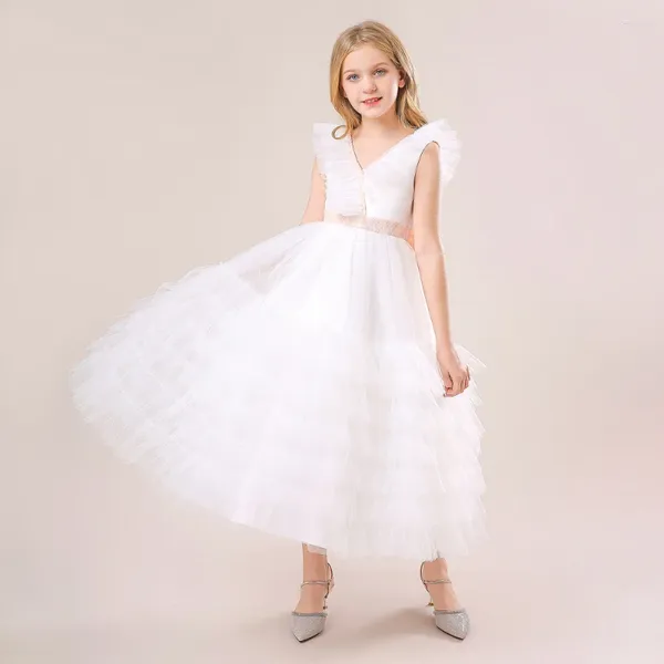 Mädchen Kleider 2024 Frühling Sommer Ankunft Gute Qualität Kinder V-ausschnitt Hochzeit Kleid Kuchen Gaze Prinzessin Klavier