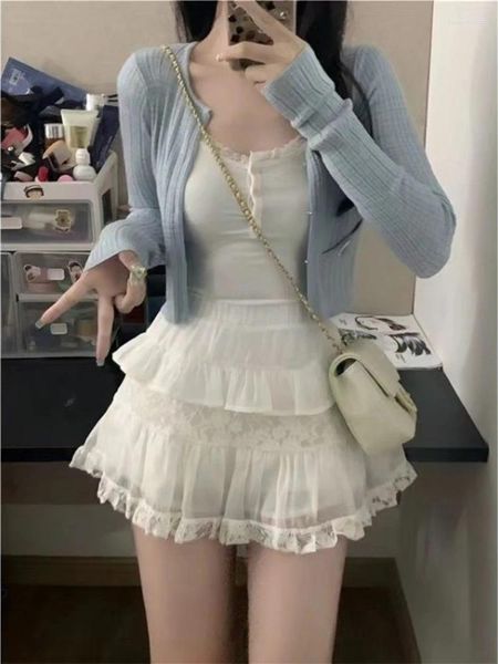 Abiti da lavoro Cardigan lavorato a maglia a maniche lunghe blu dolce Y2k Canotta slim fit in pizzo a vita alta Gonne a rete bianche Set estivi a tre pezzi