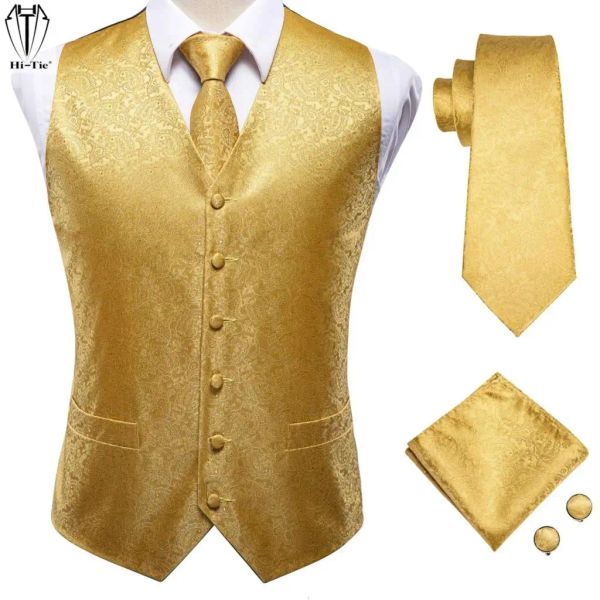Hi-Tie жаккардовый шелковый золотой мужской жилет с узором пейсли, золотой мужской жилет, нагрудный платок, комплект запонок, костюм, жилет, куртка, свадебный бизнес, от S до