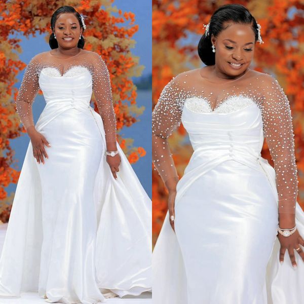 Nigeria Aso Ebi Meerjungfrau-Hochzeitskleid, Brautkleider für die Braut in Übergröße mit abnehmbarer Schleppe, langen Ärmeln, Juwelen, Perlen, Perlen, Hochzeit für afrikanische schwarze Frauen NW097