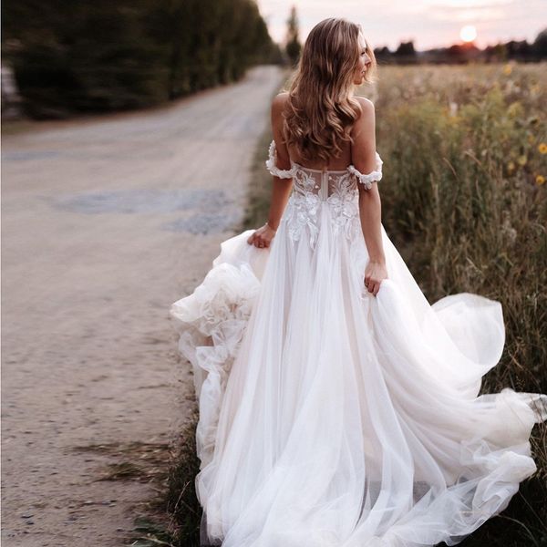 Bohemia Wedding Dresses White Off Shoulder 2024 Lace Appliqued Beach Boho Bridal Gowns vestidos novia robe de mariee