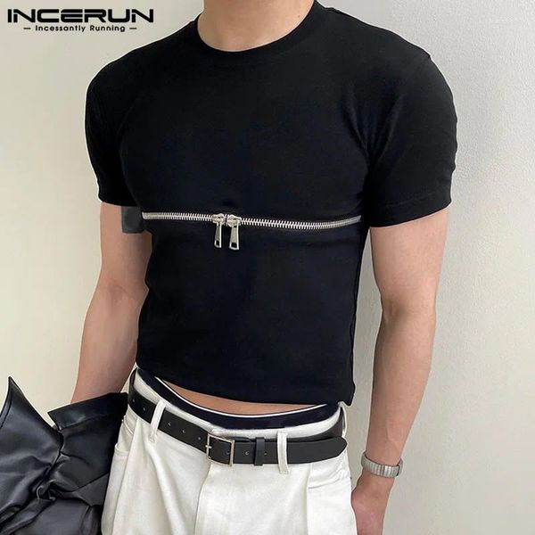 Homens camisetas Incerun moda homens camisa zíper cor sólida fitenss o-pescoço verão manga curta roupas 2024 streetwear casual colheita tops