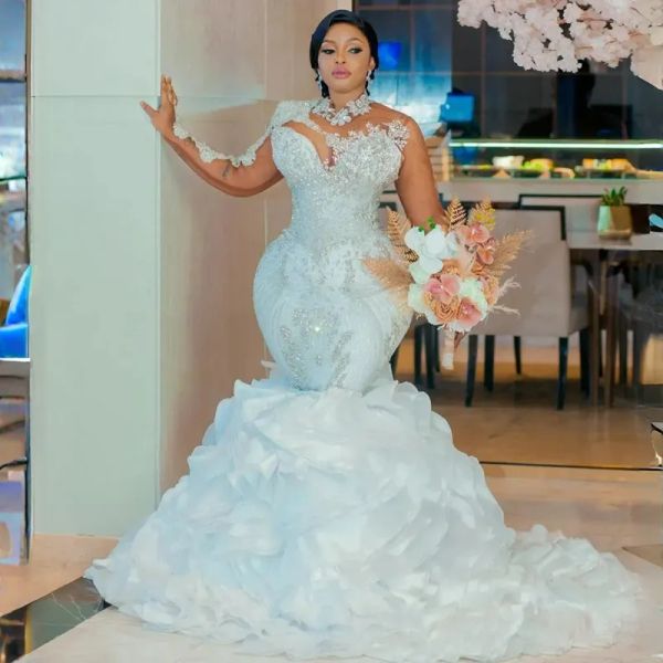 Vestidos de casamento luxuosos de sereia Aso Ebi para noiva vestidos de noiva plus size com cauda destacável mangas compridas vestido de casamento Rehinstone para mulheres africanas da Nigéria NW129