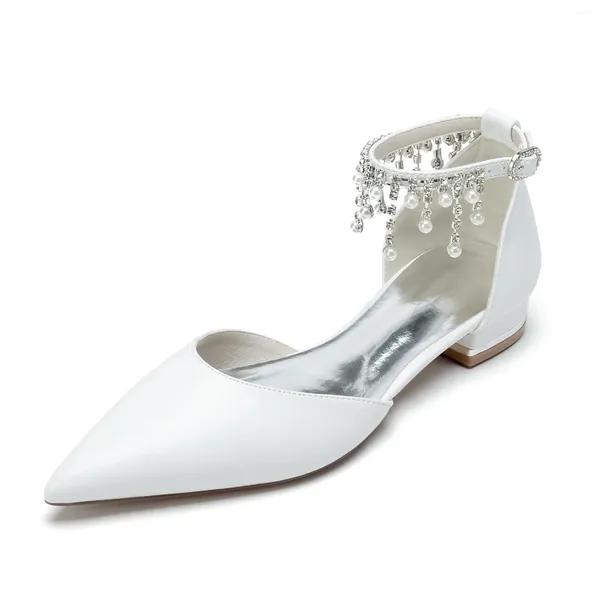 Sandálias de salto plano apontado pérola pulseira sapatos diários pérolas borlas fivela branco casamento nupcial dama de honra banquete clássico