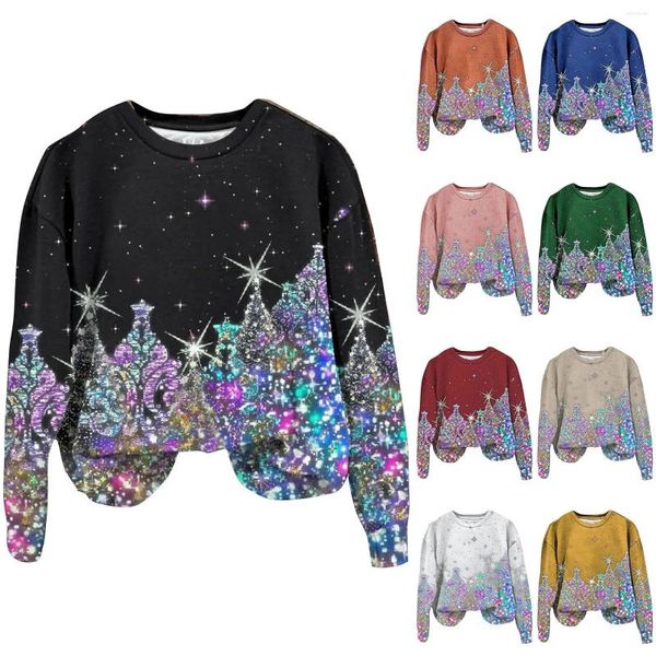 Blusas femininas árvore de natal glitter impressão manga longa moletom natal leve fácil outono roupas velo forrado camisa atlética colla topo