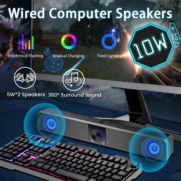 Alto-falantes ELEGIANT Alto-falantes para computador Barra de som aprimorada com fio de 10W com 3 modos de luz LED estéreo Mini alto-falantes de barra de som alimentados por USB