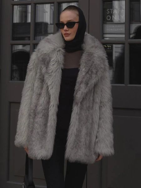 Casaco de pele falsa gradiente de pele, casaco fofo de pelúcia para mulheres, mistura de lã grossa, cardigã emendado, casacos de inverno 2023 para natal