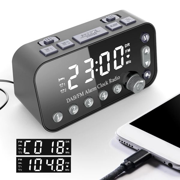 Radio DAB Radio FM Sveglia digitale a LED Snooze Luminosità Orologio da tavolo regolabile Sveglia da comodino Doppio orologio ricaricabile USB