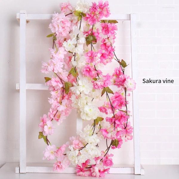 Flores decorativas simuladas flor de cerejeira rattan enrolado em torno de tubos de ar condicionado tiras de flores de videira plástico artificial ra