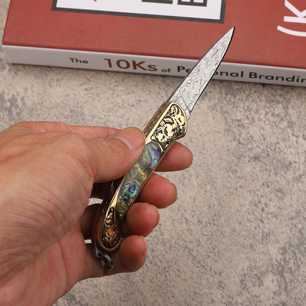 A2277 Şam Katlanır Bıçak Şam Çelik Bıçağı Abalone Kabuğu, Gravürlü Bakır Kafa Saplı Küçük EDC Cep Hediye Bıçakları Naylon Çanta