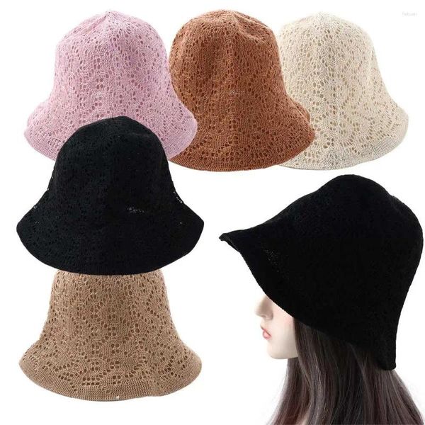 Berets menina portátil linho puro cor bonés para mulheres chapéu de malha oco sol feminino chapéus balde estilo coreano