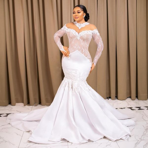 Aso Ebi Abito da sposa a sirena Abiti da sposa per la sposa Taglie forti Maniche lunghe Elegante Collo trasparente Illusion Abito da matrimonio per Nigeria africana Donne nere NW094