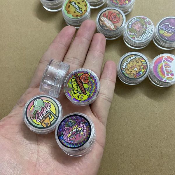 Şeker Kek Kurabiyeleri Paket Kutuları Hologram Çıkartma 5ml İnce Nane Mylar Paket Kutusu Plastik Kavanoz Tank Kuru Ot Bitki Çiçek Konteyneri Çıkartmalar ile