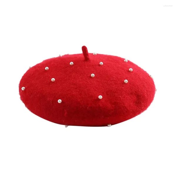 Baskenmütze aus Wolle, für Mädchen, mit Perlen, süß, warm, hübsch (rot)