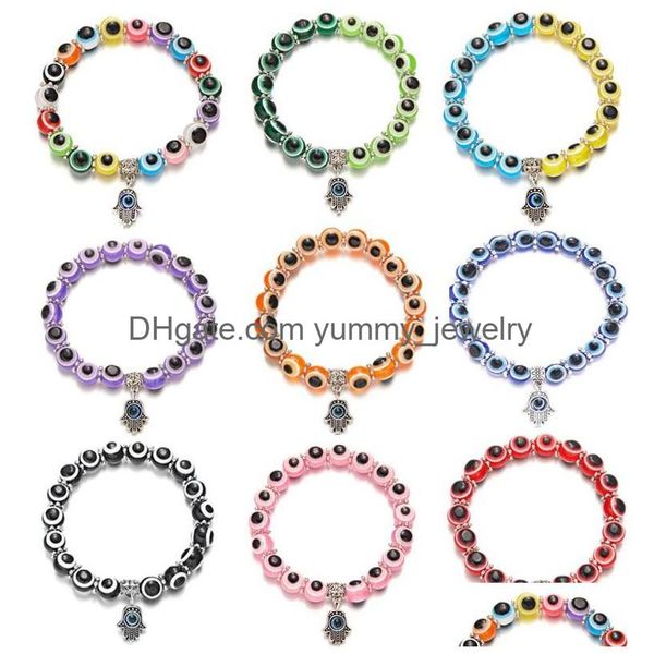 Perlen klassische türkische Evil Eye Stränge Armband Charms Fatima Hamsa Hand glückliche blaue Augen Perlen Armbänder für Frauen Männer Liebhaber Elast Dh6Py