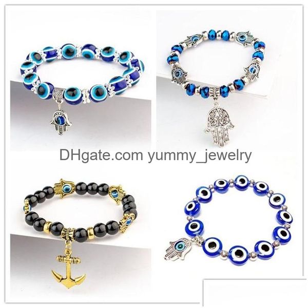 Charme Pulseiras Fatima Mão Hamsa Pulseira Jóias Mulheres Homem Ouro Sier Cor Moda Azul Diabo Mal Olho Plam Bell Frisado Âncora Char Dh1Cr